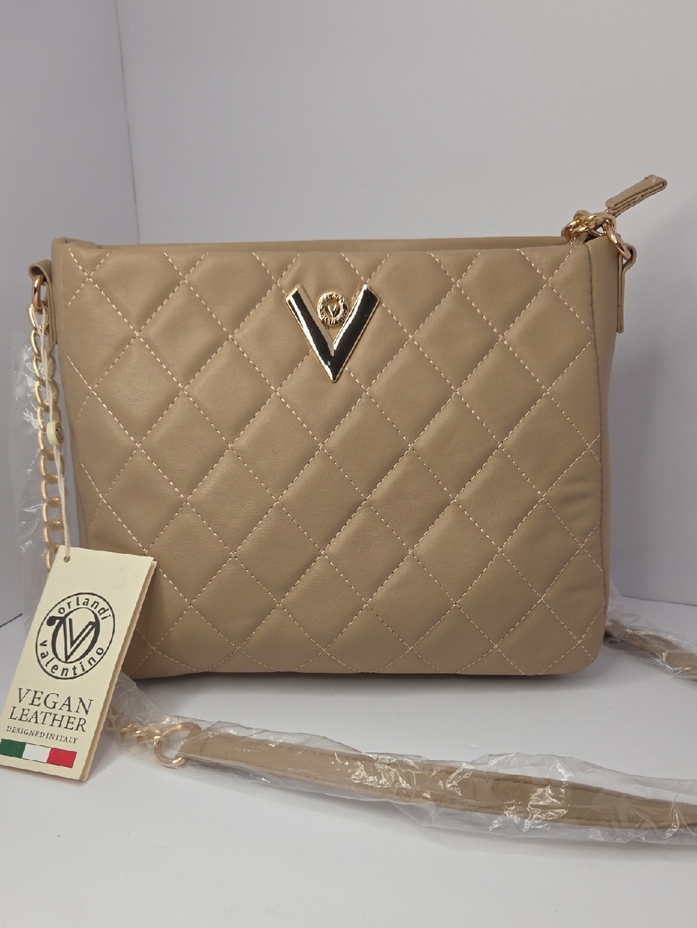Valentino Orlandi Vegan Leather Taupe Quilted Crossbody Bag with Chain Strap NWT